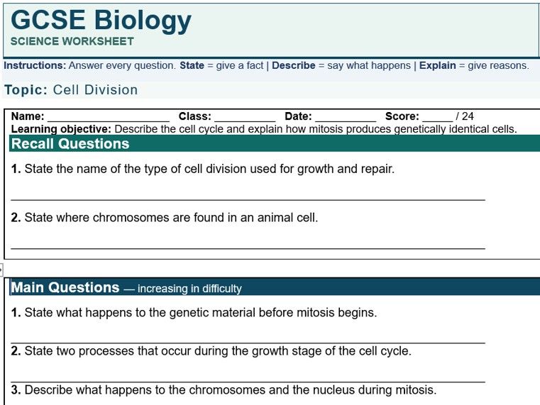 AQA GCSE Biology Cell Division & Mitosis Worksheet | Cell Cycle | Answers Included