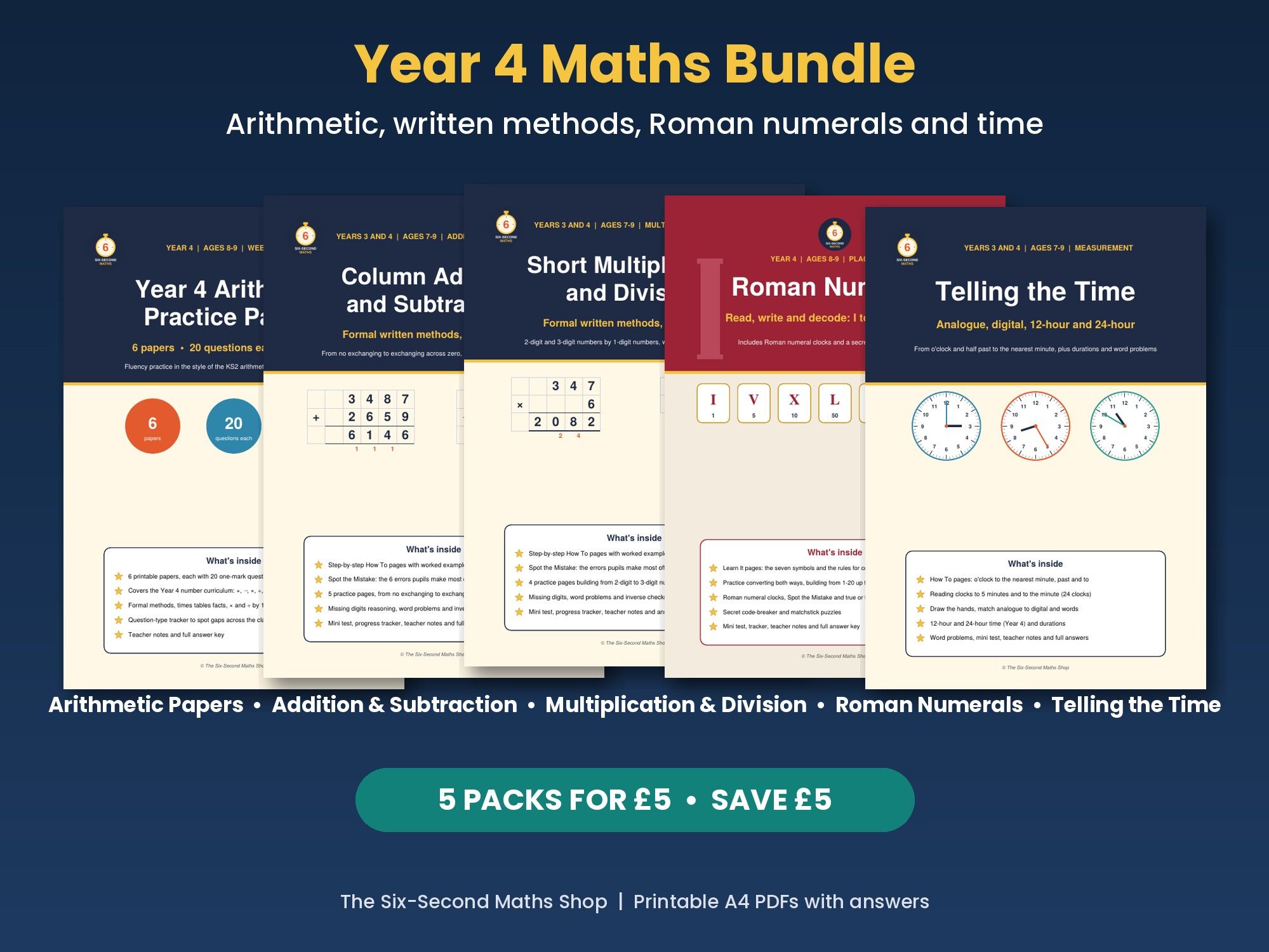 Year 4 Maths Bundle | Arithmetic, Written Methods, Roman Numerals and Time