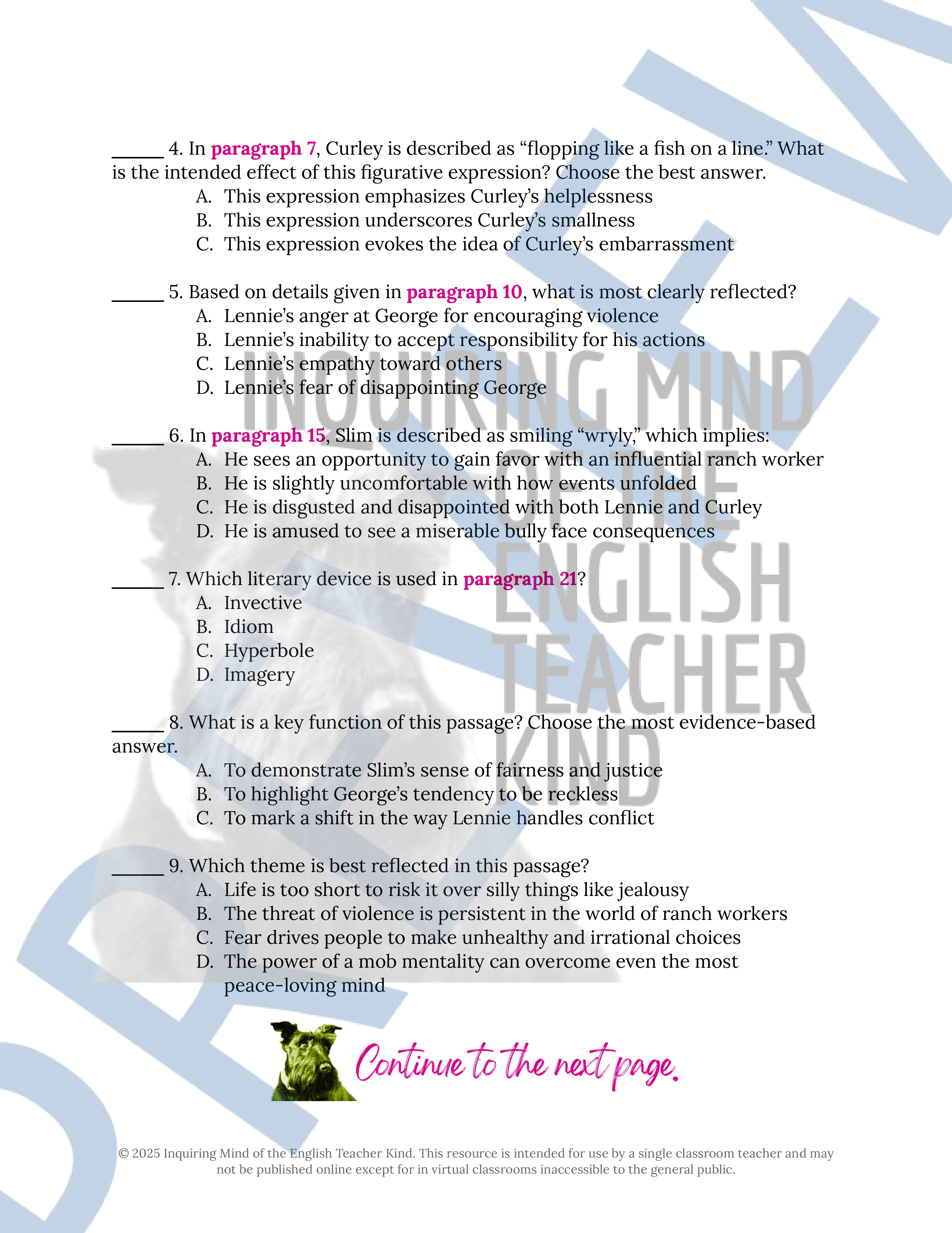 Of Mice and Men Chapter 3 Novel Analysis Worksheet | Close Reading ...