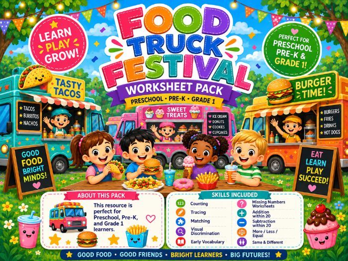 Food Truck Festival Worksheets Pre-K to 1st Grade | Math, Tracing & Early Learning