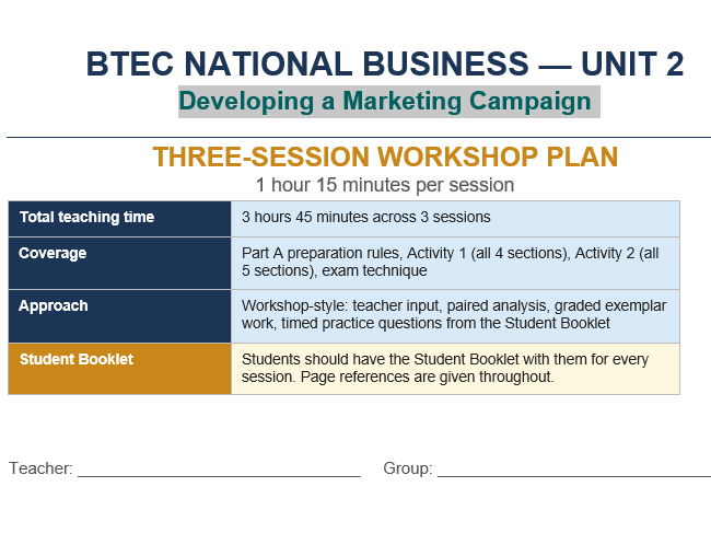 BTEC Unit 2 Marketing Three-Session Workshop Plan - For Resit ...