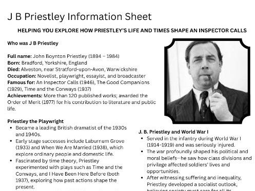 J. B. Priestley Information Sheet An Inspector Calls GCSE English Literature