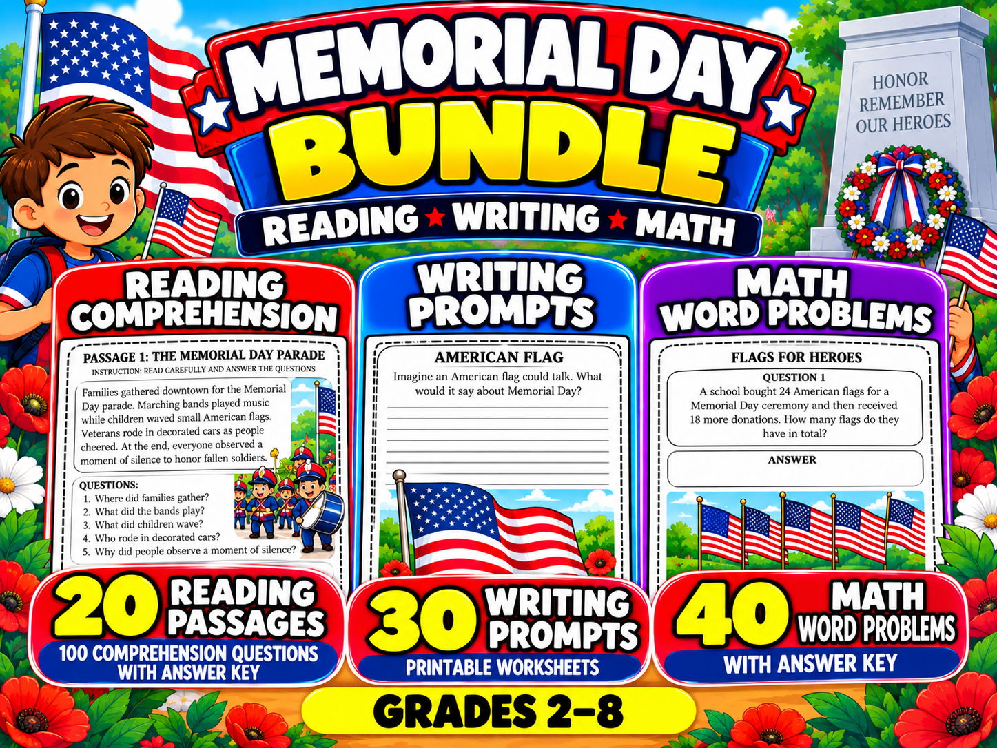 Memorial Day Bundle | Reading Comprehension, Writing Prompts and Math