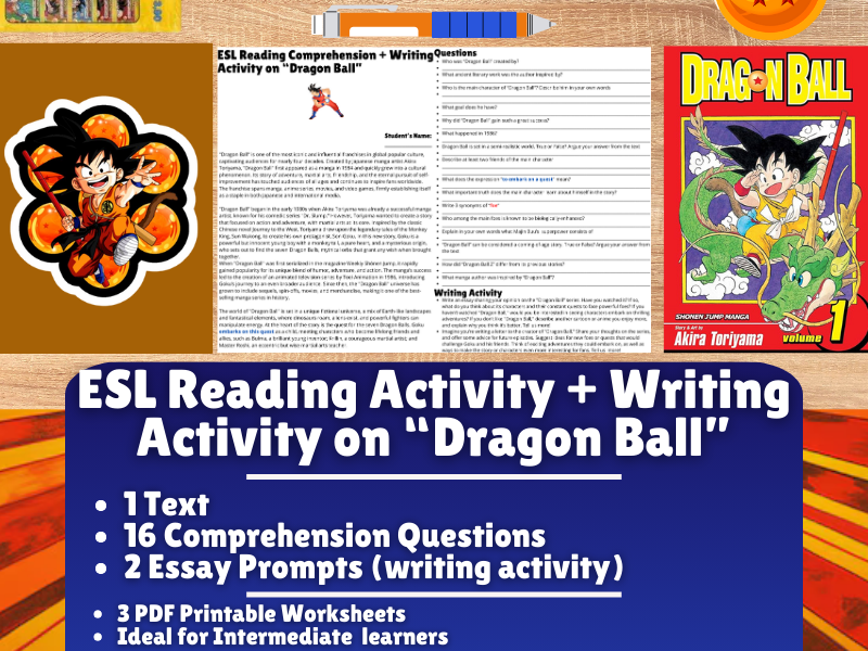 ESL Reading Comprehension + Writing Activity Worksheets on "Dragon Ball"