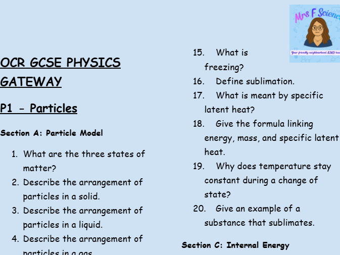 OCR GCSE Physics P1 Retrieval Practice: Low-Stakes Questions on Matter, Density, and Energy