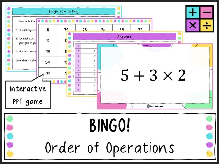 BIDMAS Order of Operations Bingo Game for KS3 and KS4