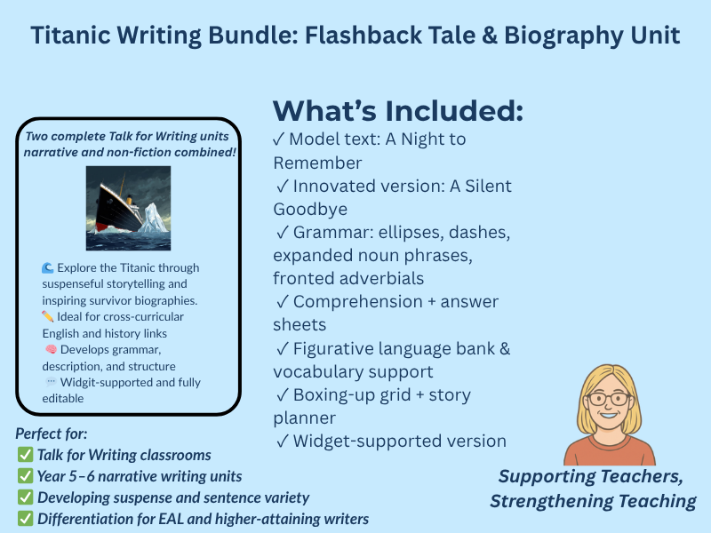 Titanic Writing Bundle – Flashback Tale & Biography Unit (Year 5/6, Model Texts, PPTs, Comprehension, Widgit)