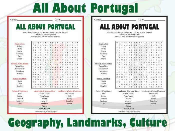 All About Portugal Word Search | Geography, Landmarks, Culture & Nature Activity