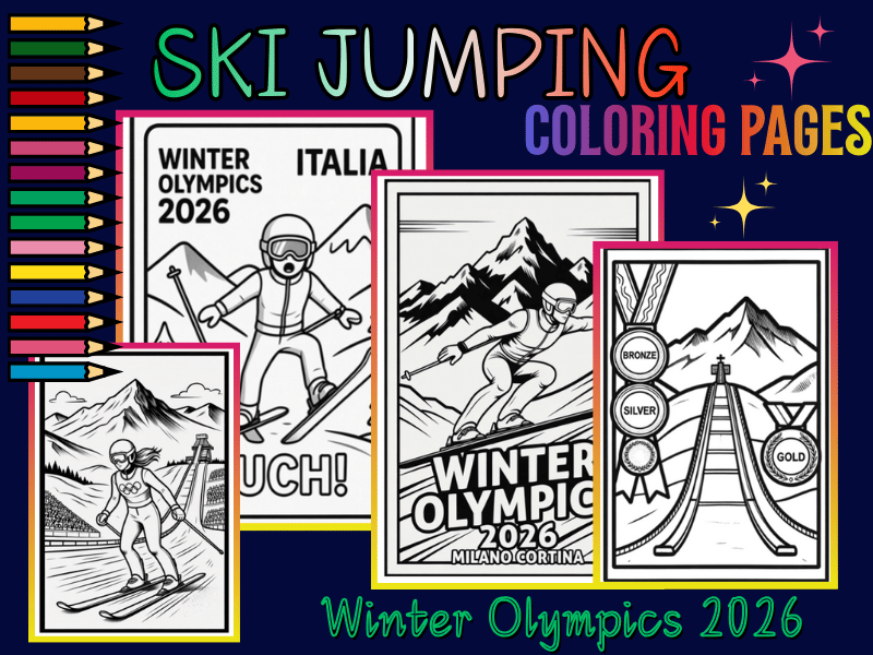 Ski Jumping Coloring Pages – Winter Olympics 2026 Milano Cortina | Printable PDF