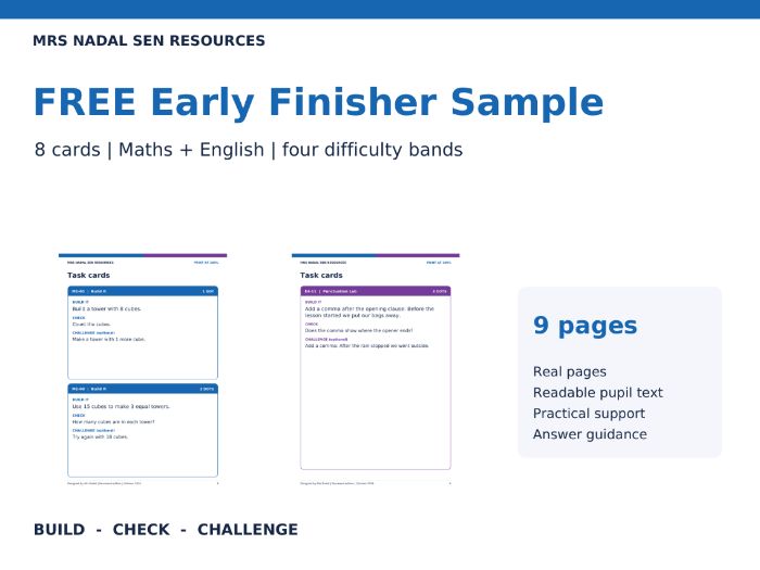 FREE Early Finishers | 8 Maths + English SEND Cards