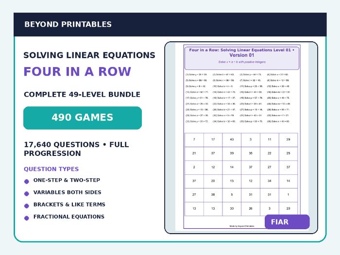Solving Linear Equations Four in a Row | One-Step, Both Sides, Brackets & Fractions :  49-Levels