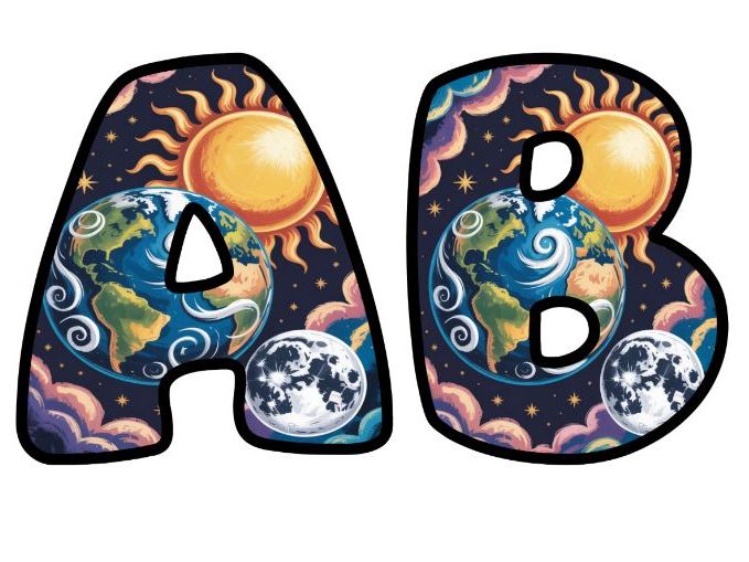 Earth Moon Sun Orbits Classroom Display Lettering Set | Upper & Lowercase Letters, 0-9 and Signs