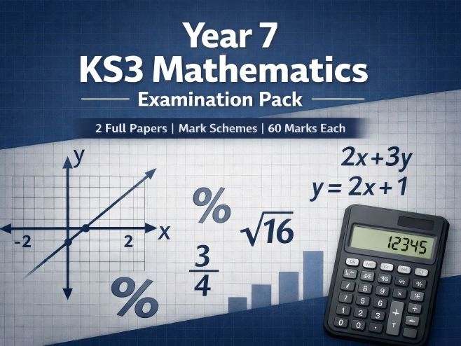 Year 7 KS3 Maths End of Year Exam Papers (2 Versions) with Mark Schemes & Learning Objectives – 60 M