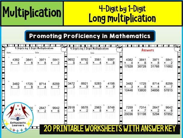 4-Digit by 1-Digit Long Multiplication Worksheets Math Problems