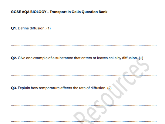 GCSE AQA BIOLOGY - TRANSPORT IN CELLS QUESTIONS AND MARK SCHEME