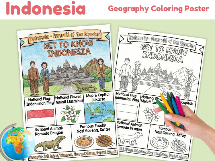 Indonesia Geography Coloring Poster | Country Facts & Landmarks
