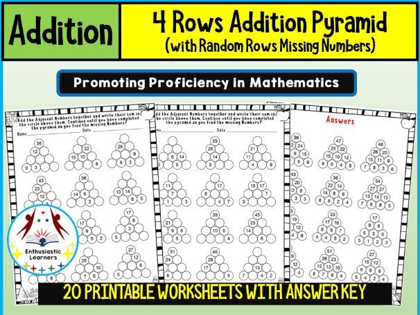 4-Row Addition Pyramid with Random Missing Numbers Worksheets – Practice Activity