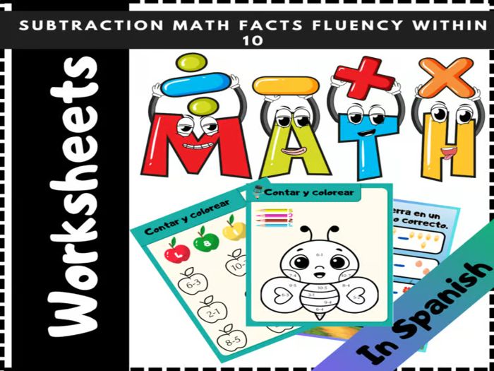 Easy Subtraction Practice: Activities Worksheets (Color by Number, Subtraction)/Version in Spanish