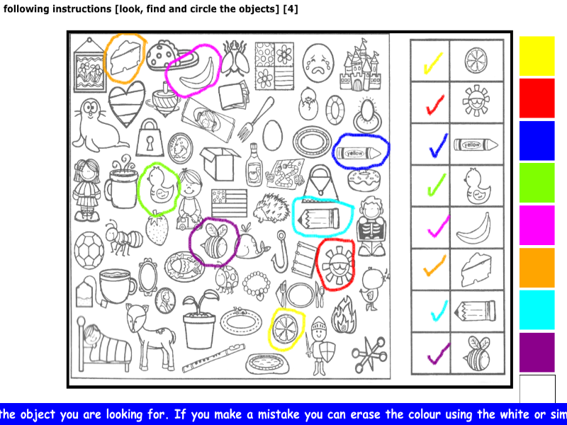 following instructions [look, find and circle the objects] [4]