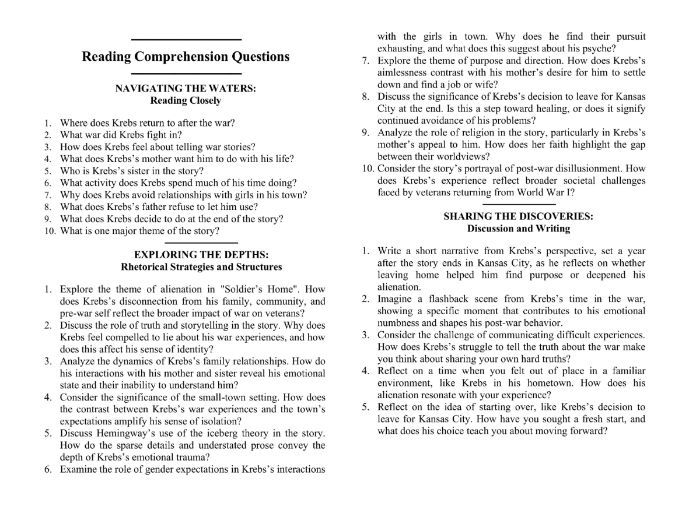 Soldier’s Home by Ernest Hemingway with Reading Comprehension Questions