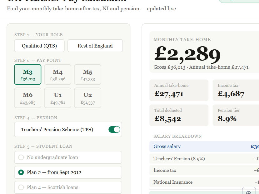UK Teacher Pay Calculator — Live 2025/26 Take-Home Breakdown