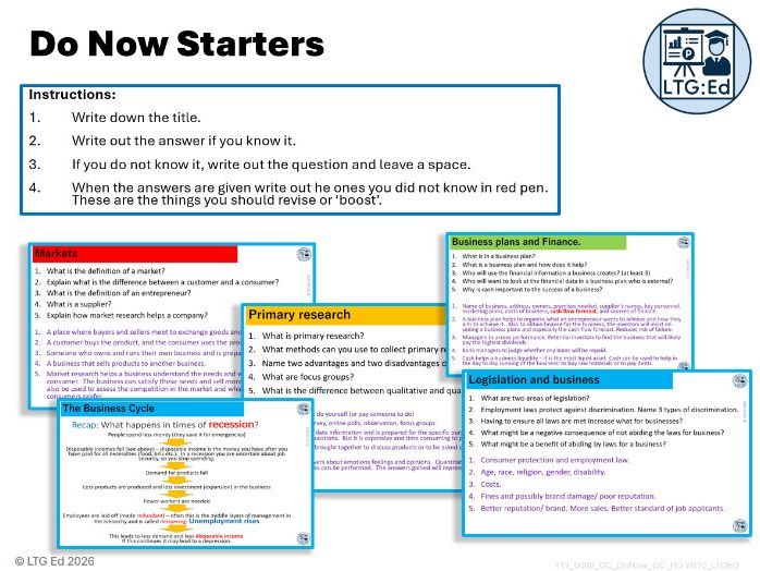 GCSE Business Year 11 Starters Q's (Do Now Questions): 118 slides! 5Q's per slide!