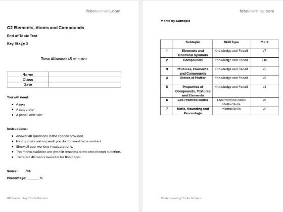 KS3 Elements Atoms and Compounds C2 End of Topic Test