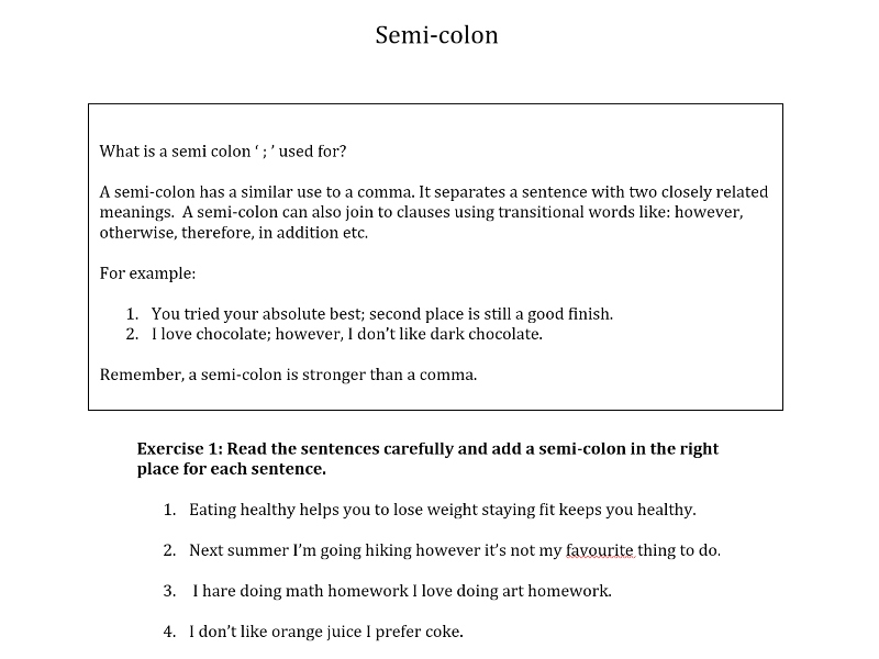 KS2 - Semi Colons and Colons worksheet