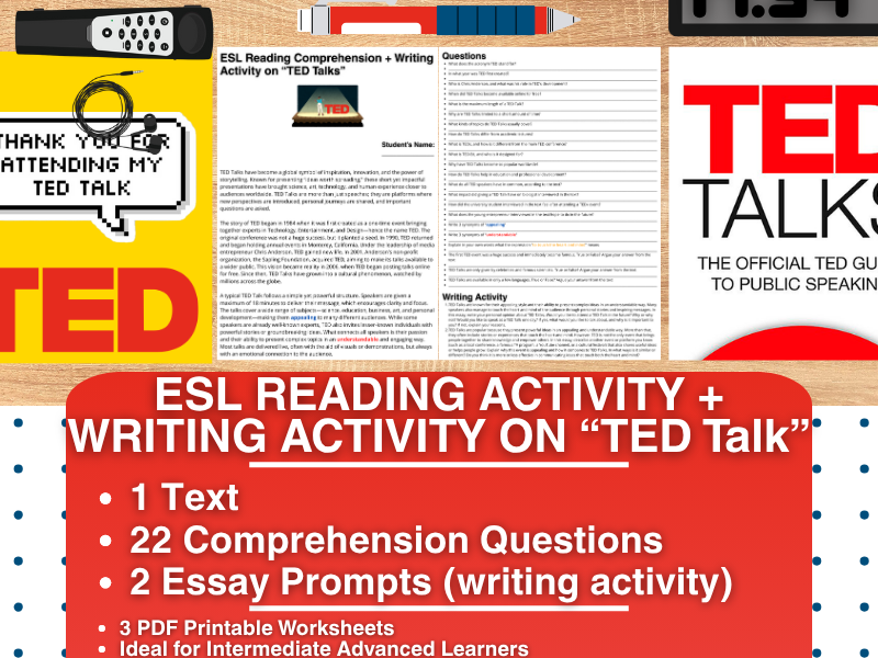 ESL Reading Comprehension + Writing Activity Worksheets on TED Talks