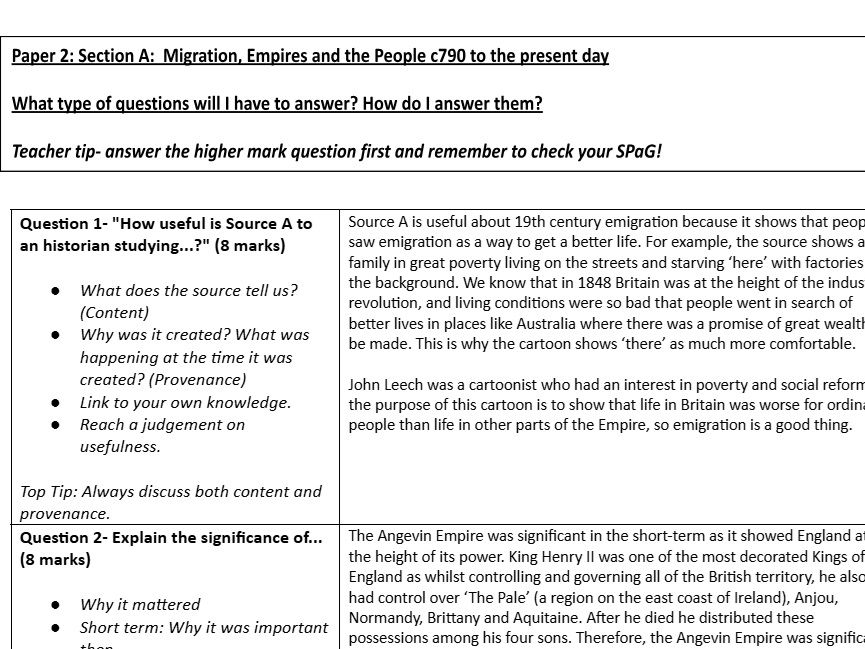 Exam Technique Help Sheet- AQA GCSE History Paper 2 Migration