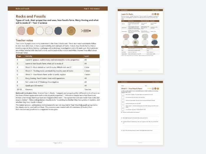 Rocks and Fossils Year 3 Science Worksheets