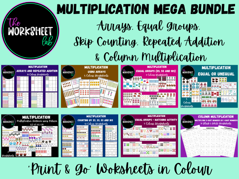 Multiplication MEGA Bundle: Arrays, Equal Groups, Skip Counting, Repeated Addition & Column Multiplication Worksheets