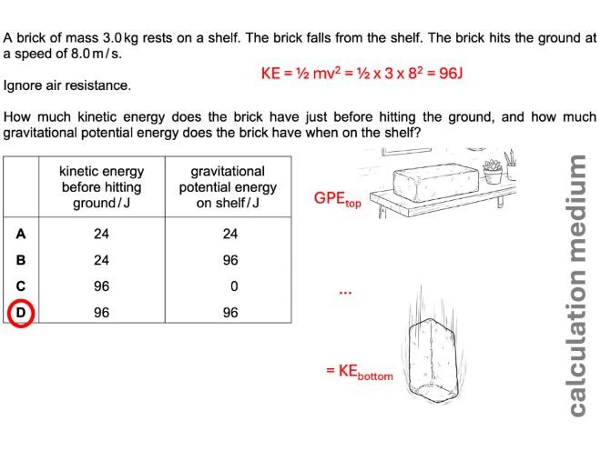 Energy Calculations GCSE MCQs – hints & solutions included – KE kinetic, GPE gravitational, work