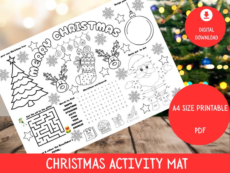 EYFS/KS1 Christmas Worksheet – Printable Activity Mat with Maze, Wordsearch & Colouring