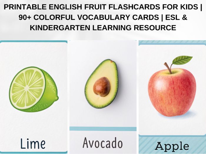 Printable English Fruit Flashcards for Kids , 90+ Colorful Vocabulary Cards