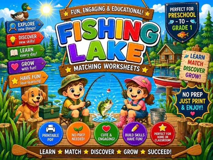 Fishing Lake Matching Worksheets | Pictures, Numbers, Letters, Shapes & Colors | Preschool–Grade 1