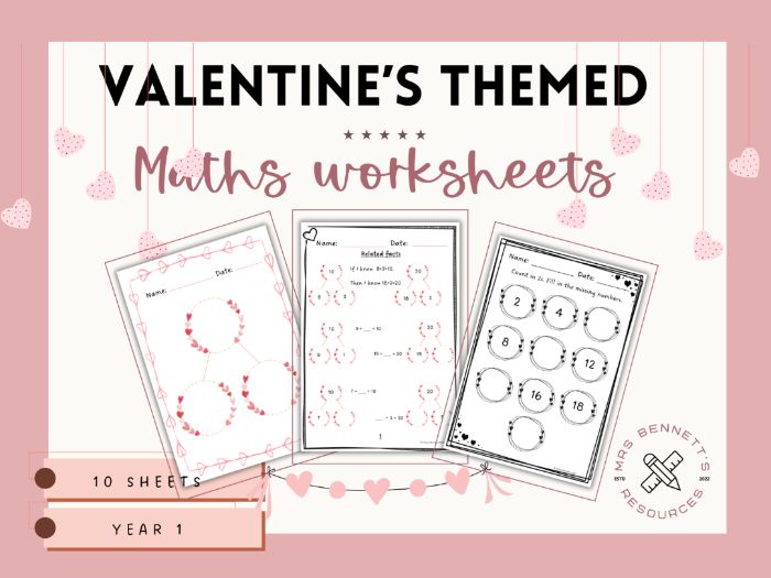 Valentine's Maths Worksheets Pack Year 1 - 2