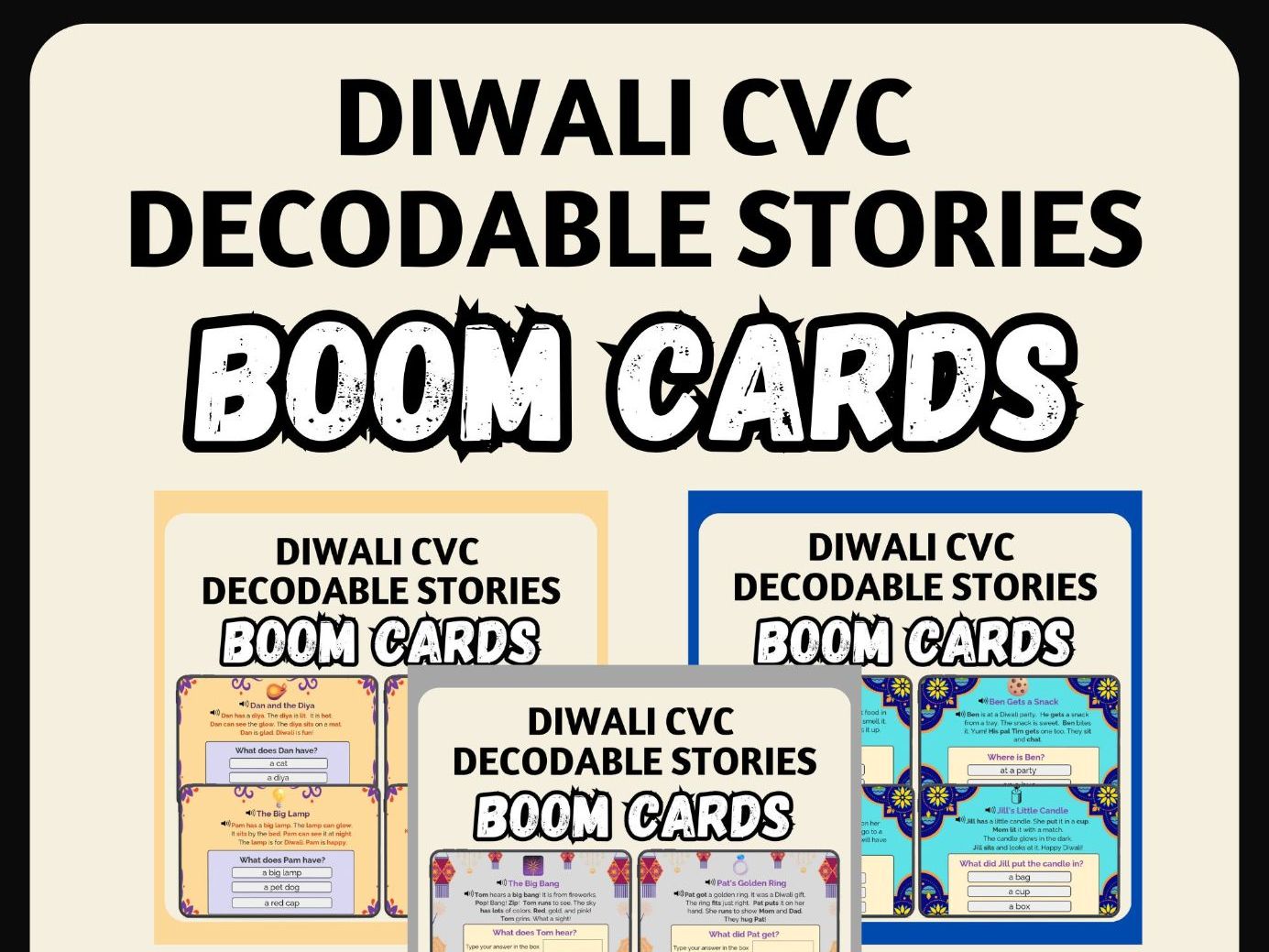 Diwali CVC Decodable Short Stories BOOM Cards™ with Audio Bundle