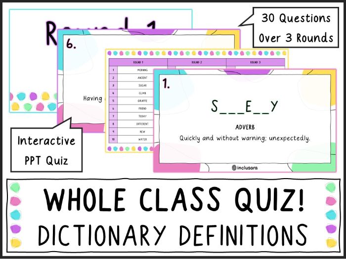 Whole Class Dictionary Definitions Quiz, End of Year/Term