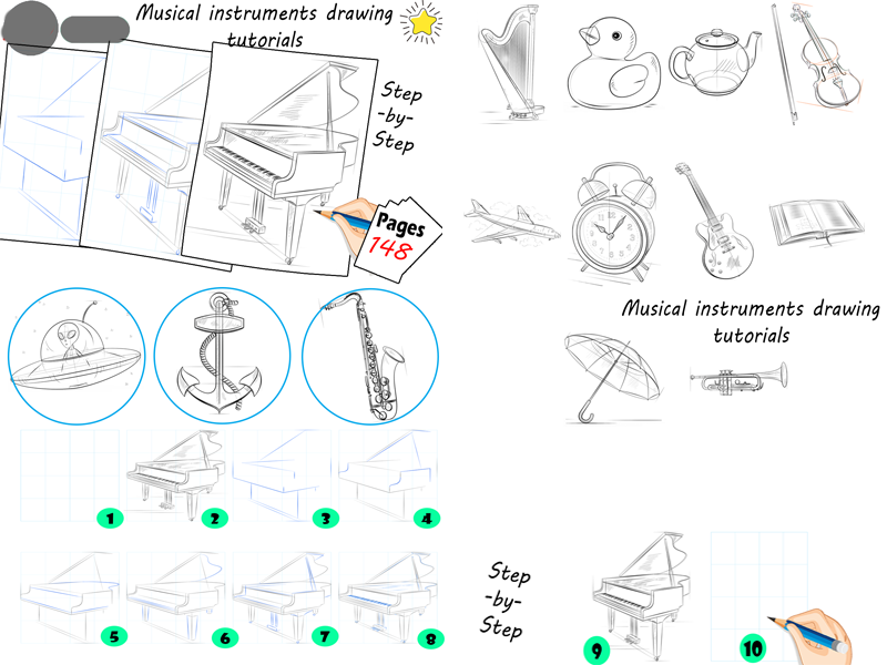 Step-by-Step Drawing Tutorials for Musical Instruments & Everyday Objects