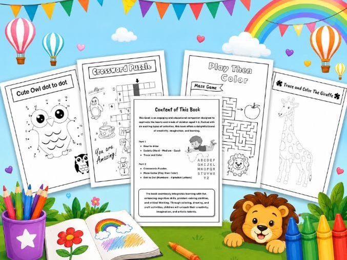 Kindergarten Activities, Trace and color, Dot to Dot, Crosswords, mazes, sudoku.