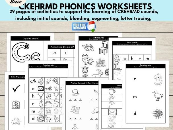 Phonics Group 2 CKEHRMD Worksheets, Initial Sounds, CVC Words & Letter Tracing, EYFS