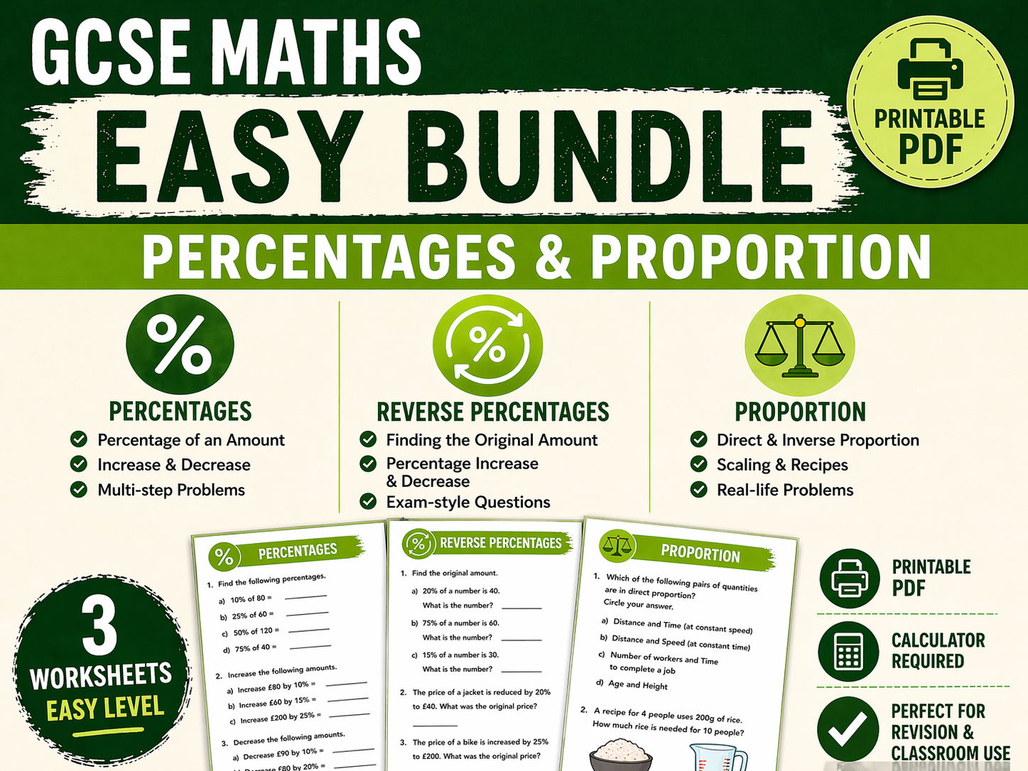 GCSE Maths Easy Bundle | Percentages & Proportion | Foundation | Printable PDF