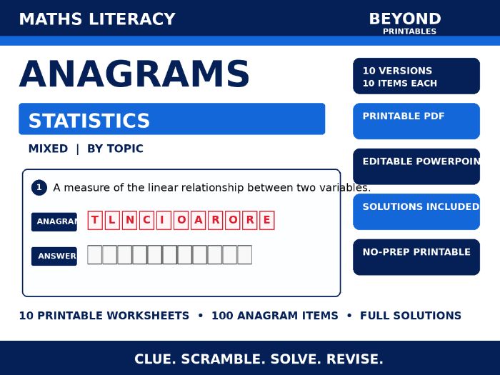 Maths Literacy Anagrams: Statistics | 10 Worksheets, Editable PowerPoint + Solutions