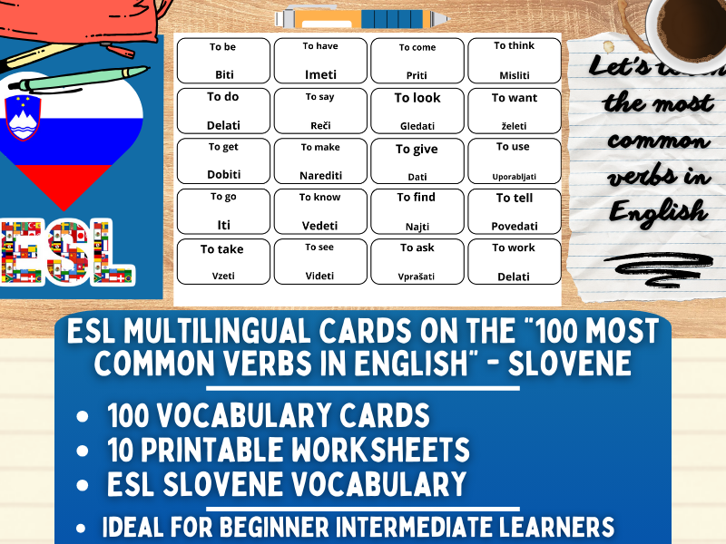 ESL Multilingual Vocabulary Flashcards - 100 most common verbs - Slovene