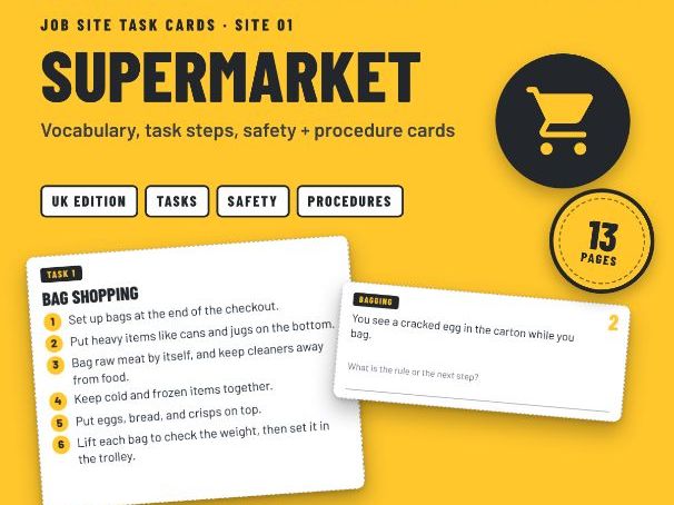 Supermarket Job Skills Task Cards: Packing, Trolleys + Fruit and Veg - SEND Post-16 (UK)