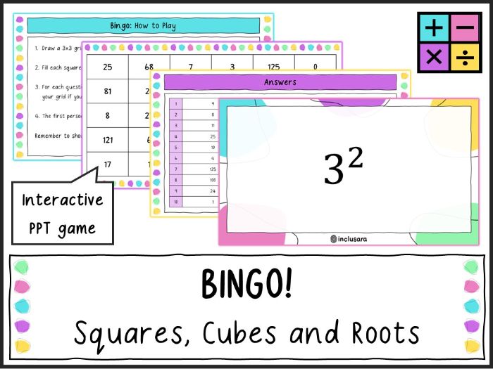 Squares, Cubes and Roots Bingo Game for Year 6 and KS3