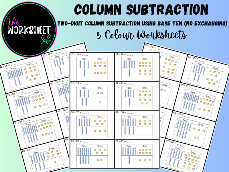 Two-Digit Column Subtraction using Base Ten (No Exchanging) Worksheets in Colour