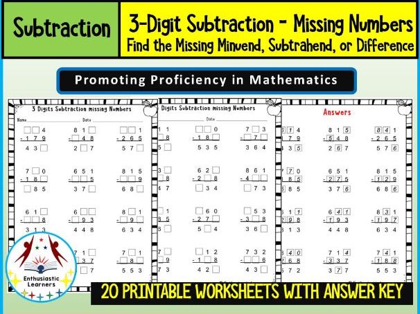 3-Digit Subtraction – Missing Numbers Worksheets | Find the Minuend, Subtrahend, or Difference math