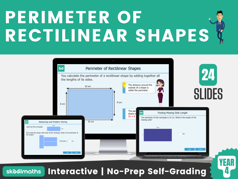 Perimeter of Rectilinear Shapes Year 4 Maths Lesson with Self-marking Activities